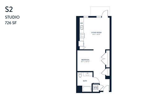 Floor plan for studio, 1 bath, 733 sqft